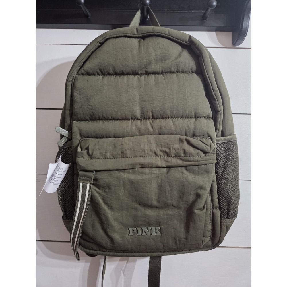 New Victoria's Secret PINK Quilted Puffer Backpack Olive Green NWT 🎒 New*